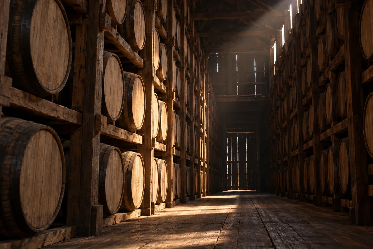 Rows of oak barrels resting on wooden ricks rising several tiers inside a tall dim warehouse, light falling through a gap in the boards