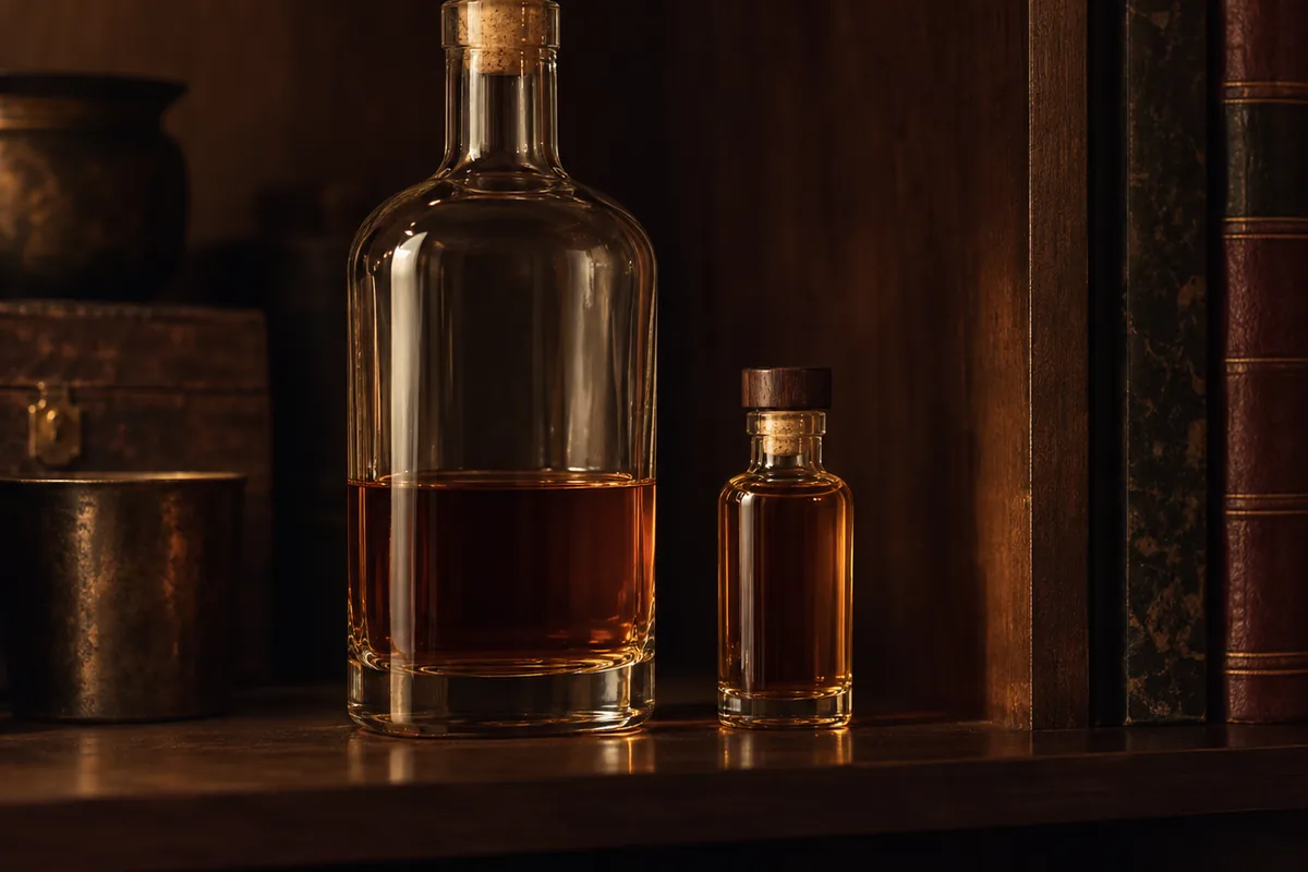 A bourbon bottle about a third full standing upright on a dark shelf away from the window, with a smaller filled bottle beside it