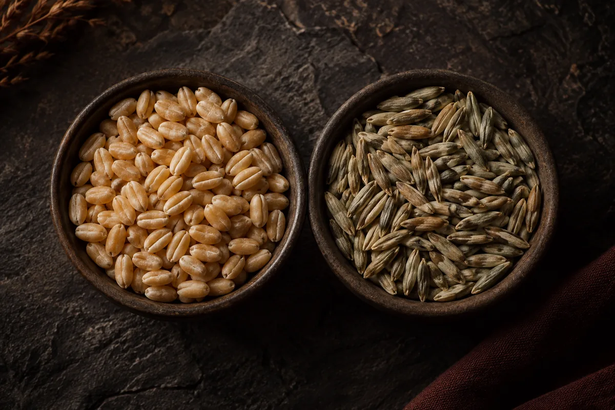 Two small dishes side by side on dark slate, one holding pale rounded wheat kernels and the other holding long slender grey green rye grains