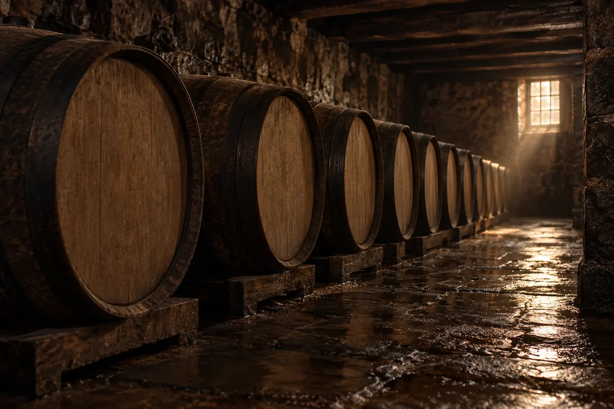 Oak casks resting on wooden runners in a low stone warehouse, damp floor, a single window throwing light down the row