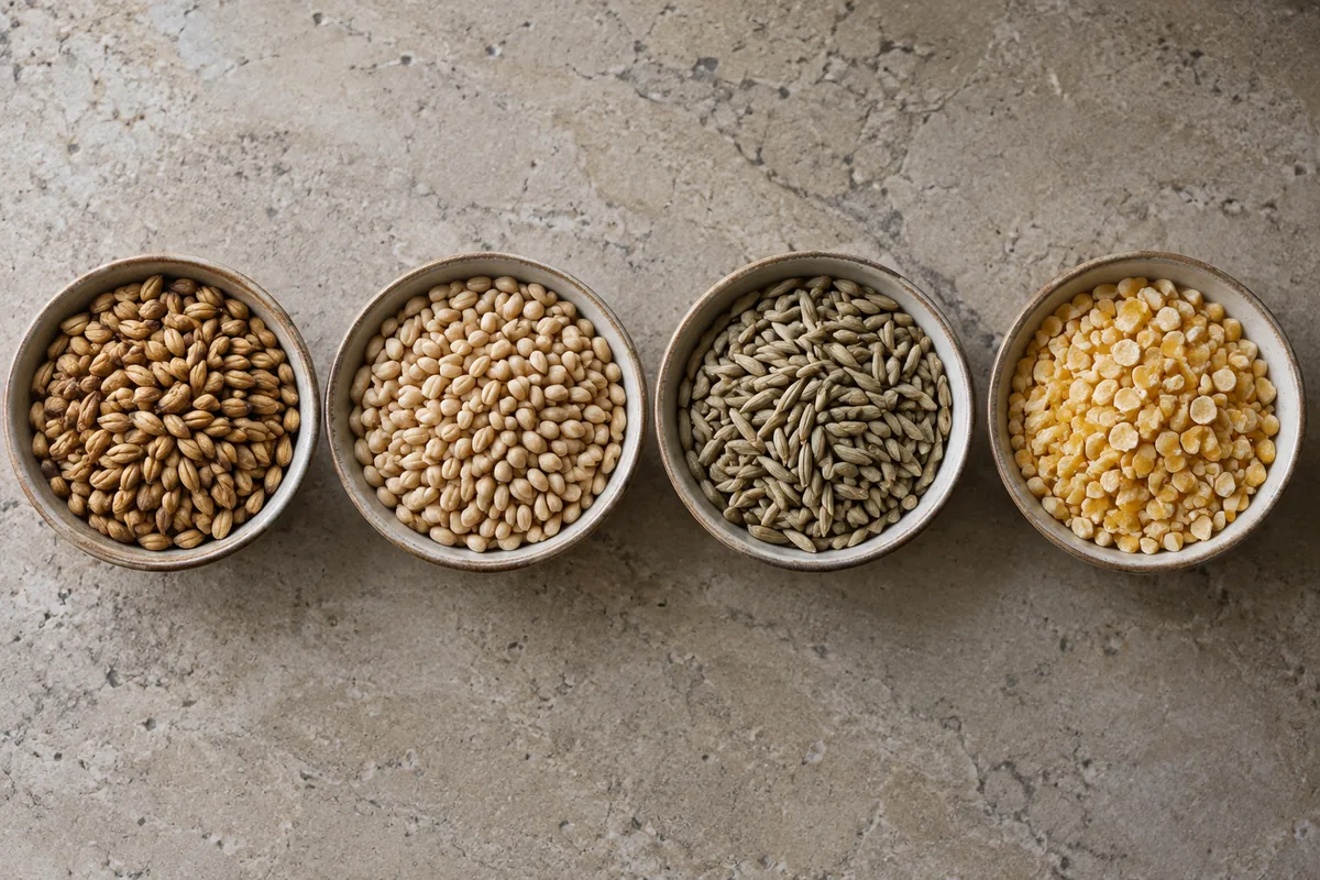 Four shallow bowls on a pale stone worktop holding malted barley, wheat, rye and cracked corn side by side