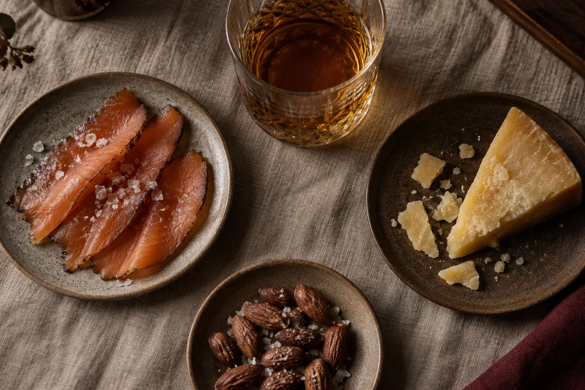 A glass of amber whiskey on a linen cloth beside small plates of smoked fish, hard cheese and salted almonds