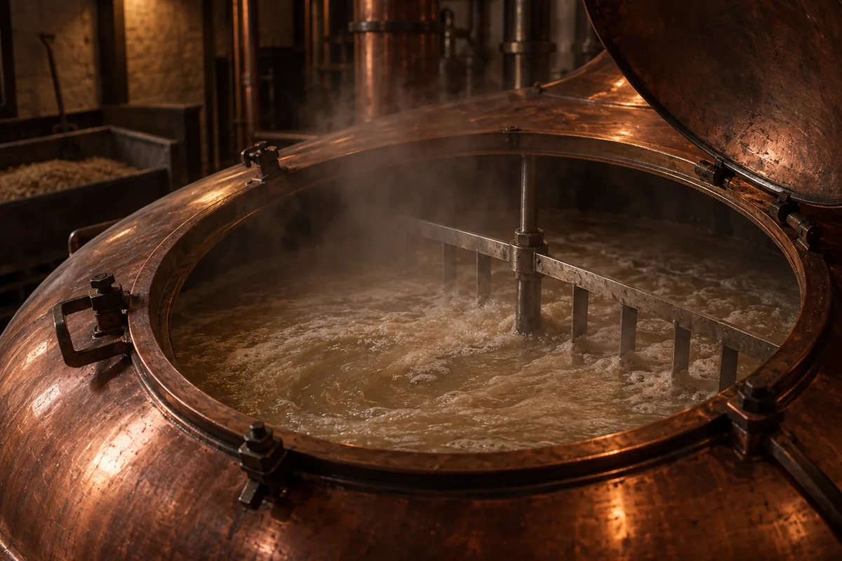 A large copper topped mash tun with cloudy warm wort turning slowly inside it under a raised lid