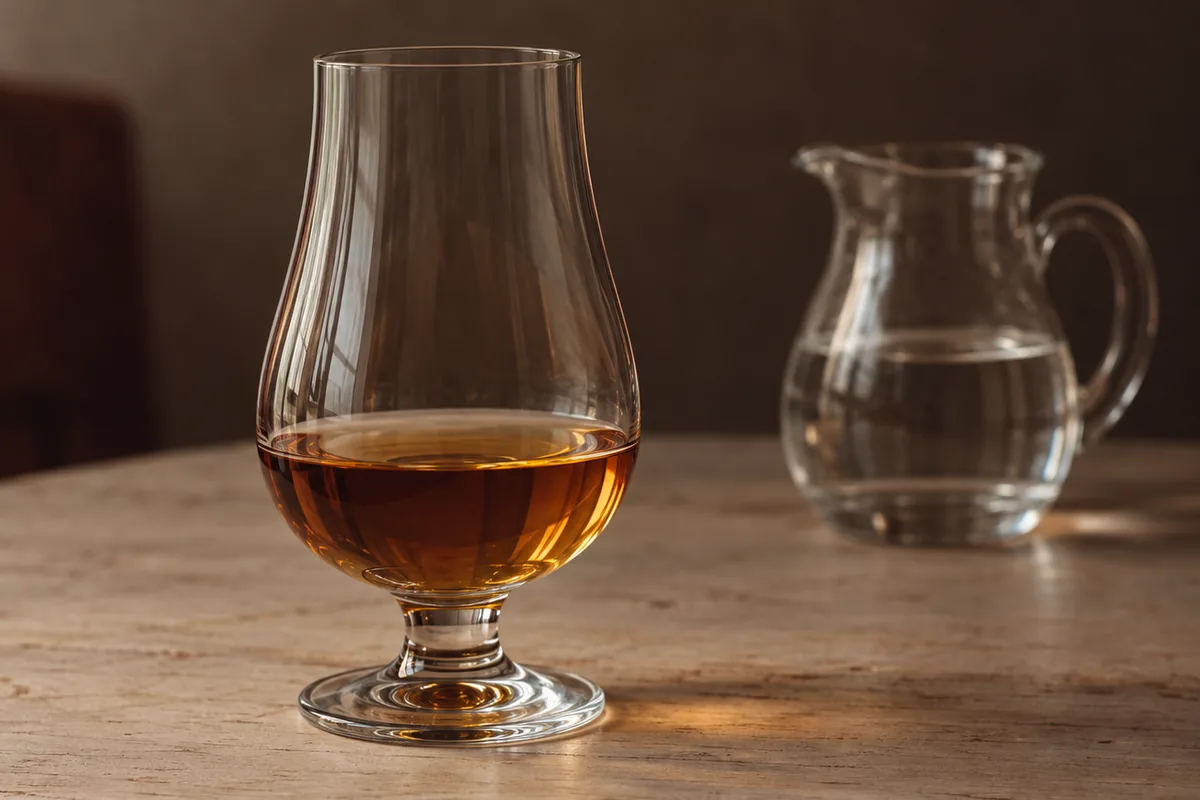 A narrowing tulip shaped nosing glass of amber whiskey beside a small jug of water on a pale wooden table