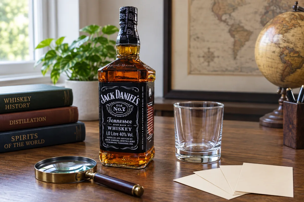 A recognizable Jack Daniel's Old No. 7 Tennessee Whiskey bottle with a magnifying glass, blank reference cards, and an empty rocks glass at a label-reading desk.