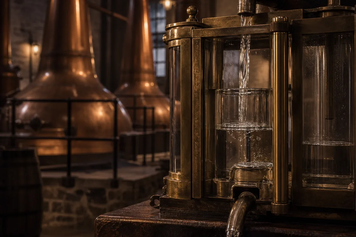 Clear new spirit running through a brass and glass spirit safe with copper pot stills standing behind it