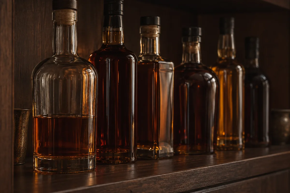 Bottles standing upright on a dark cupboard shelf away from the window, one of them about a third full