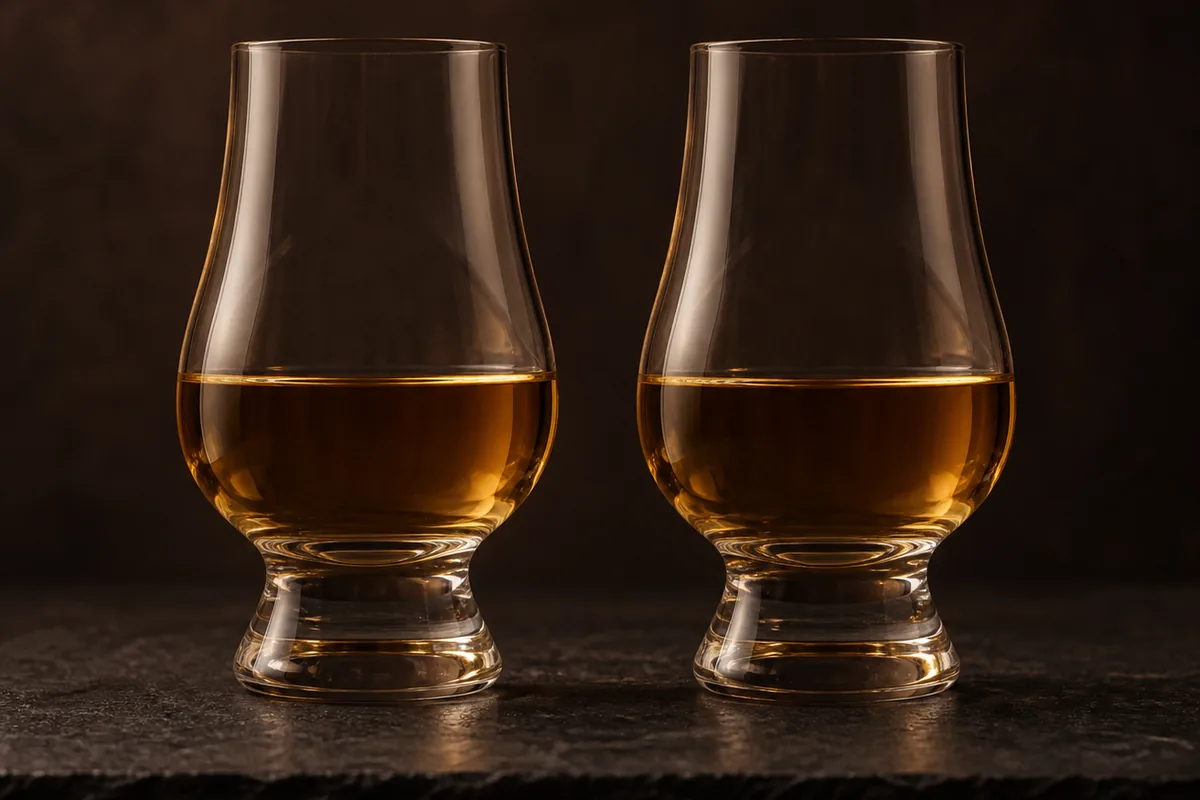 Two identical tasting glasses of amber whiskey standing side by side on dark slate, filled to exactly the same level