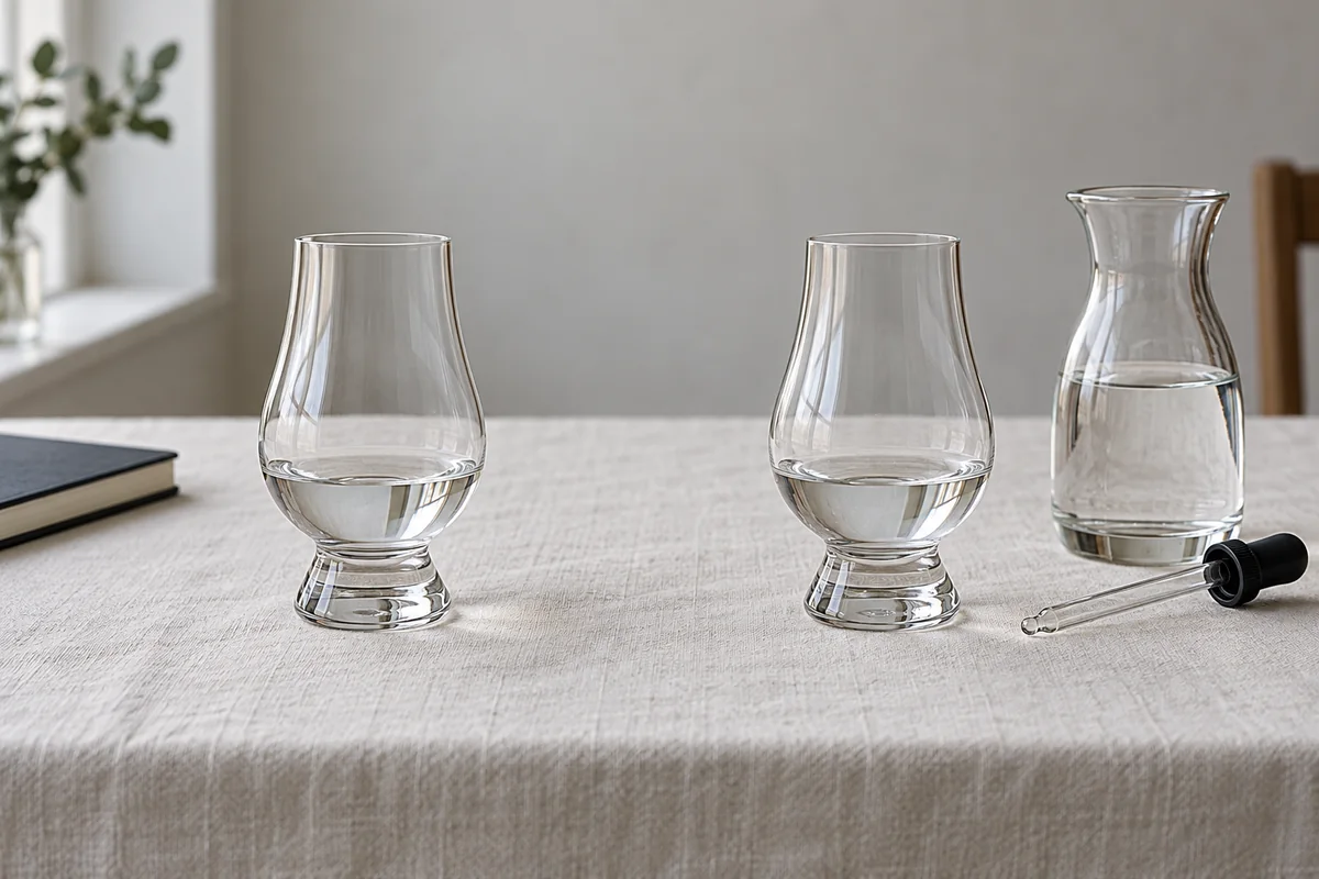 A small measured white dog sample with a graduated dropper, water carafe, and tasting notes on a quiet table.