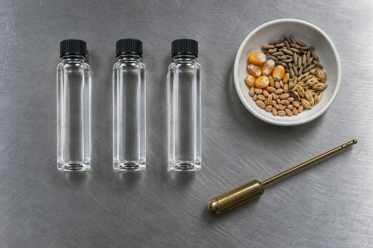 Three capped clear-spirit sample vials beside mixed corn, rye, wheat, malted barley, and an unused brass proof hydrometer.