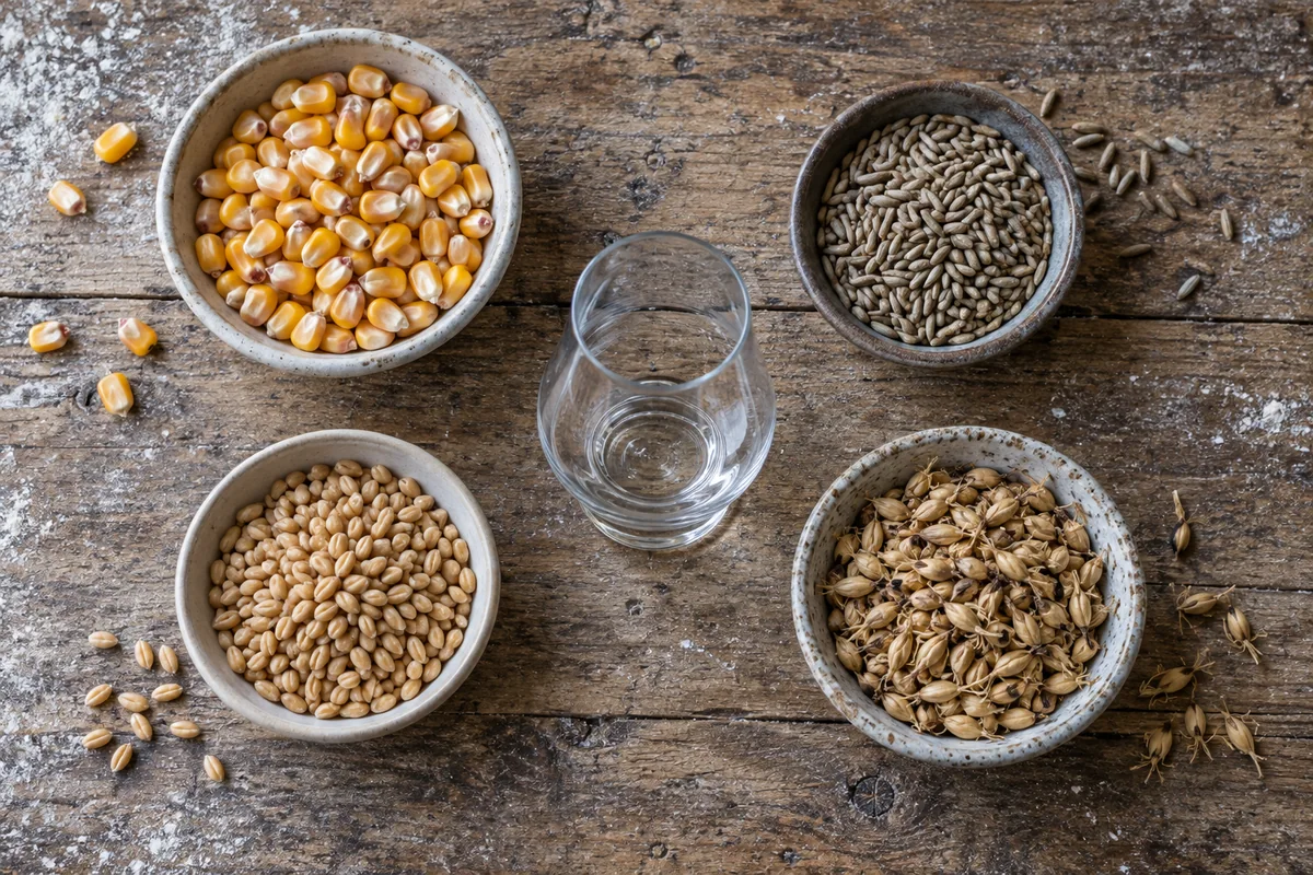 Four small clear spirit samples paired with corn, rye, wheat, and malted barley on a neutral worktable.