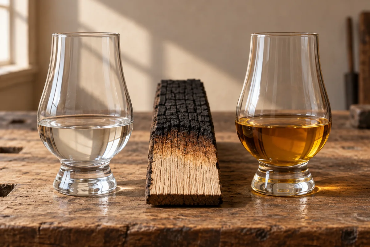Equal glasses of clear white dog and amber aged whiskey beside a cutaway oak stave.