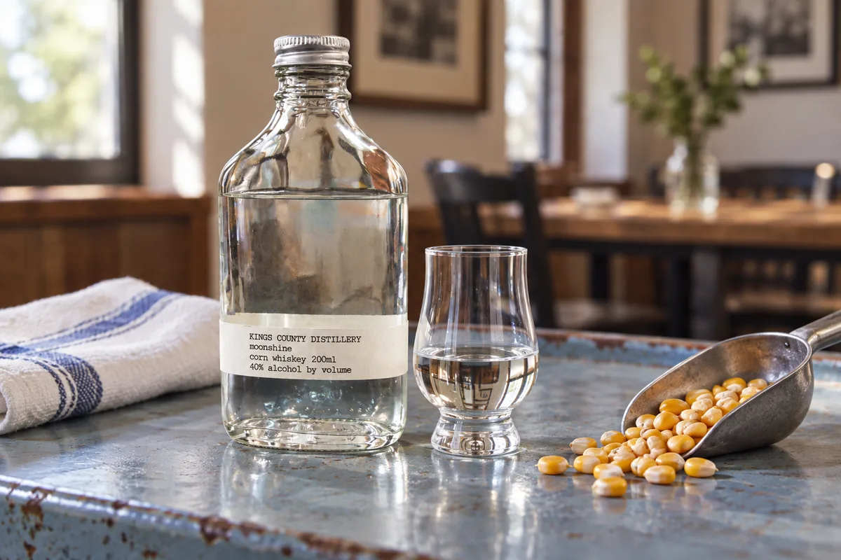 A recognizable Kings County Distillery moonshine corn whiskey bottle beside a small clear tasting glass, corn kernels, and a folded bar towel.