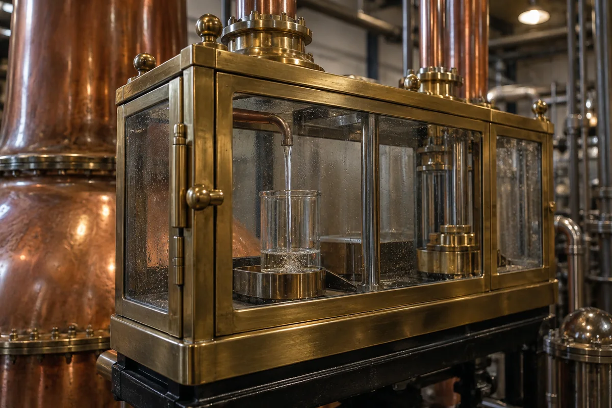 A copper spirit safe directing clear distillate toward three labeled collection receivers in a professional distillery.