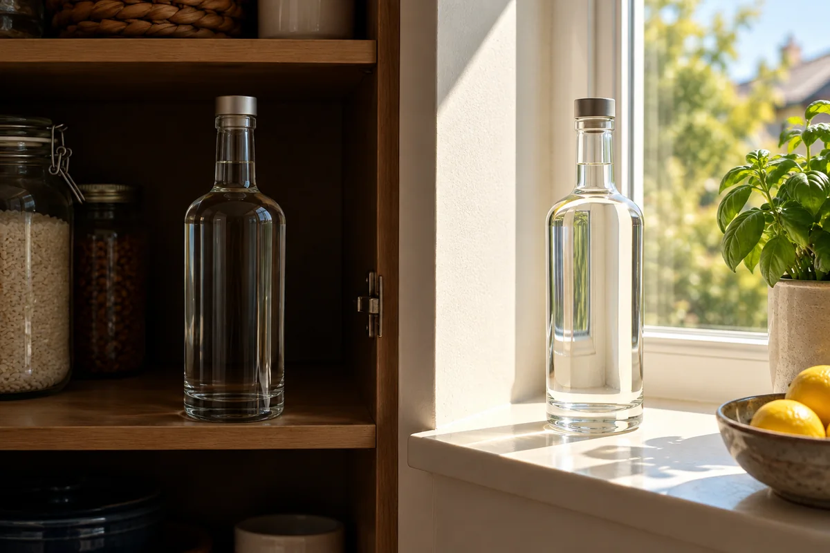 A sealed upright white dog bottle in a dark cabinet contrasted with a bottle left open beside a sunny hot window.