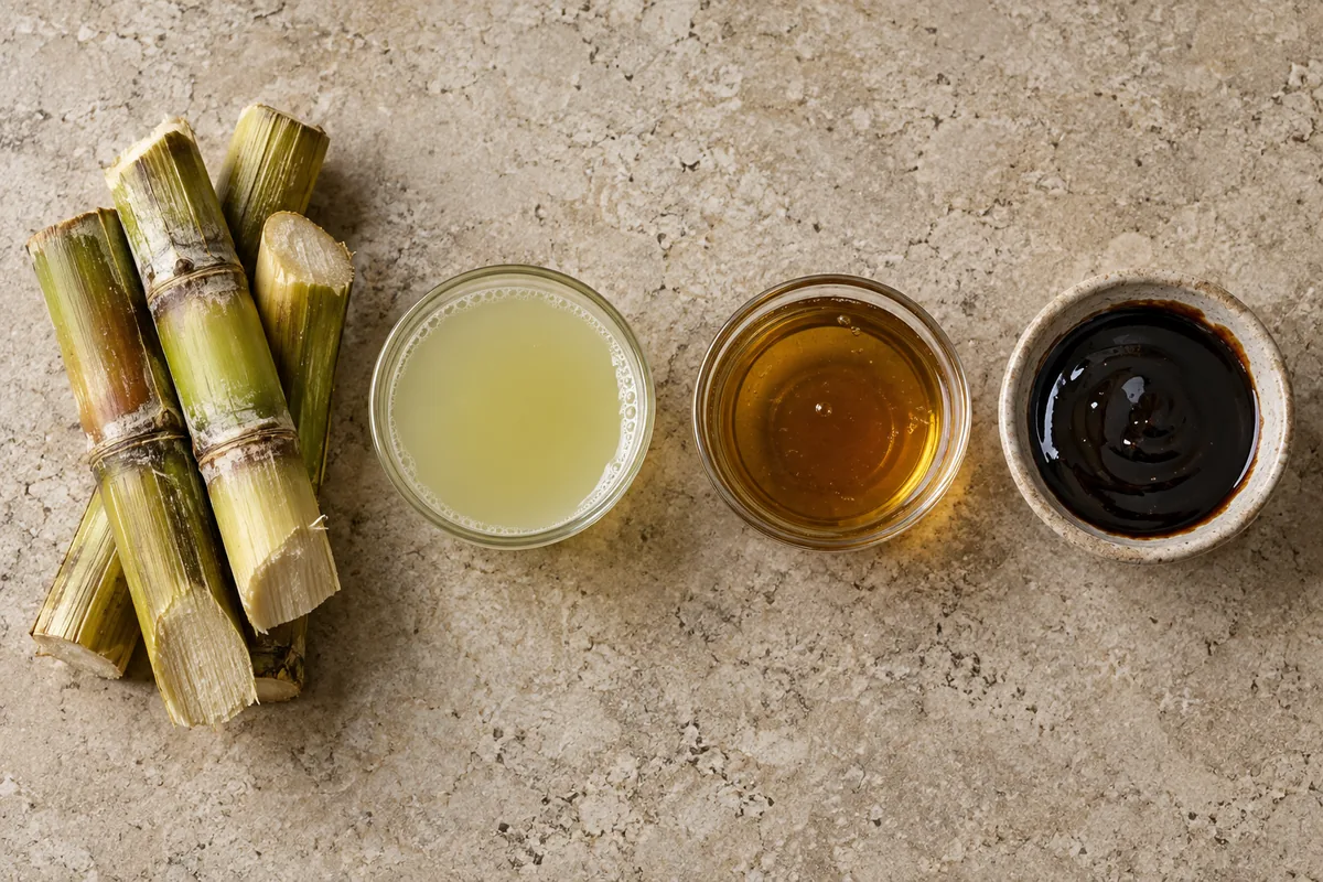 Cut sugarcane beside separate samples of cloudy cane juice, amber cane syrup, and dark molasses.