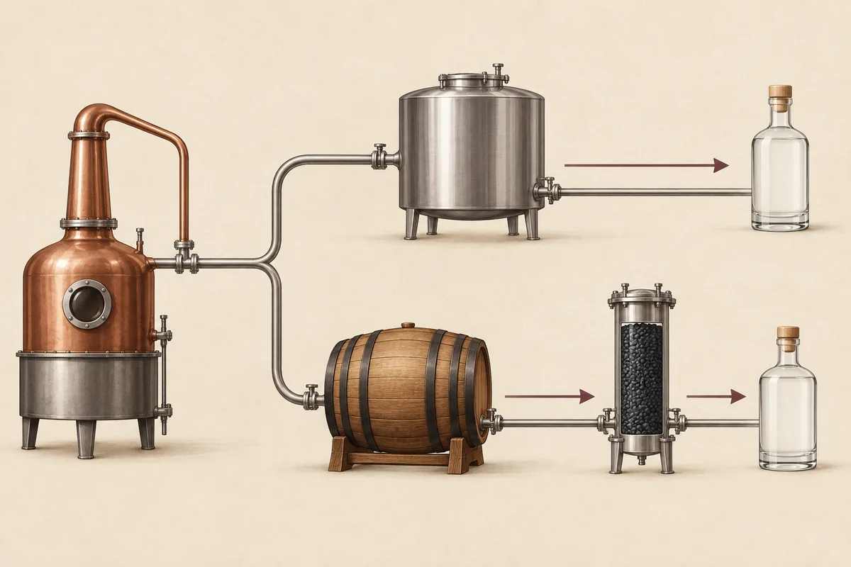 Illustrated paths showing clear rum resting in an inert vessel and barrel-aged rum passing through activated charcoal before finishing clear.