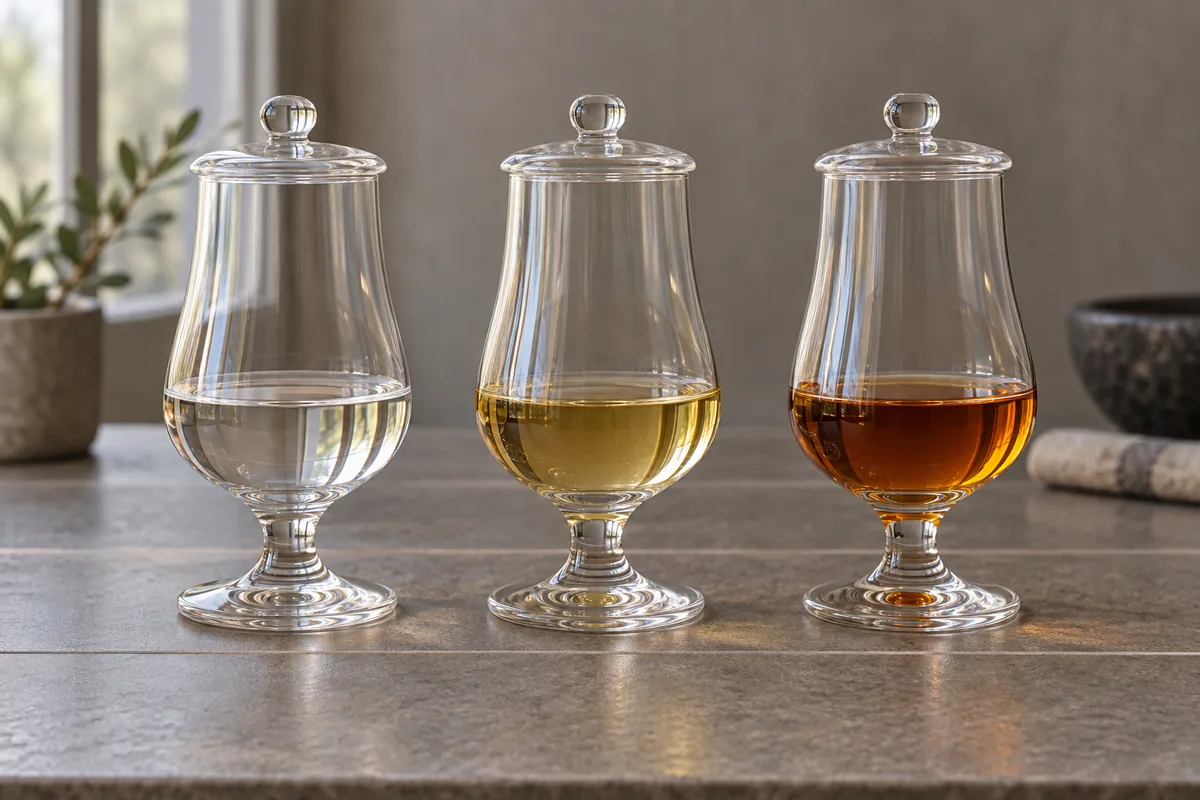 Equal samples of clear, pale gold, and amber rum in identical covered tasting glasses.