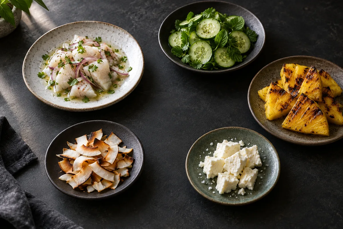 Small portions of lime-cured fish, cucumber and herbs, grilled pineapple, toasted coconut, and lightly salted cheese.