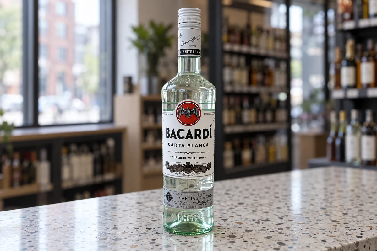 Bacardi Carta Blanca white rum bottle on a pale terrazzo counter in a city bottle shop.