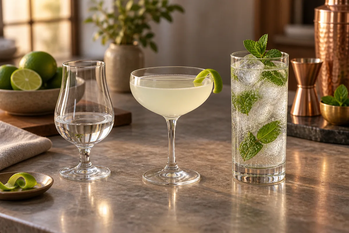 A small white rum tasting measure beside a citrus coupe and a tall mint-and-soda highball.