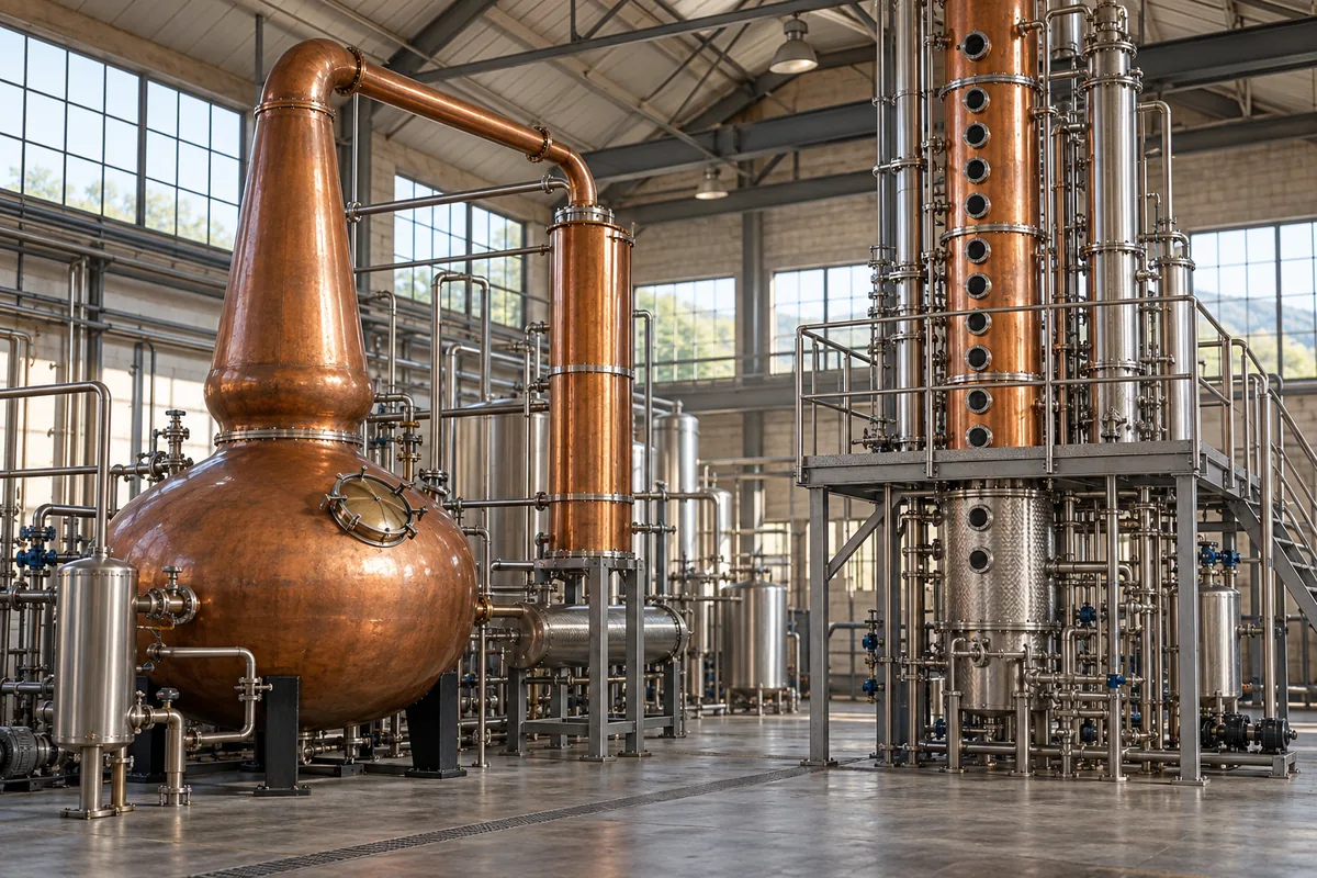 A copper pot still beside a tall plated column still inside an industrial rum distillery.