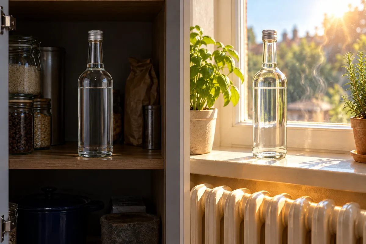 Matched clear-spirit bottles stored upright in a dark cupboard and on a hot sunlit windowsill.