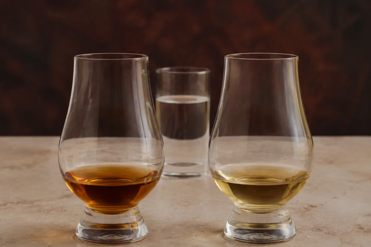 Two identical nosing glasses filled to the same level with the same whisky, the left a deeper amber and the right visibly paler, with a small glass of clear water behind them.