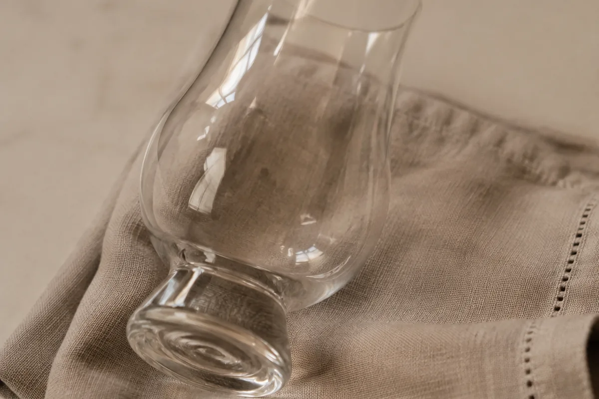 An empty nosing glass lying on its side on a folded linen drying cloth, the cloth pressed against the bowl and the rim.