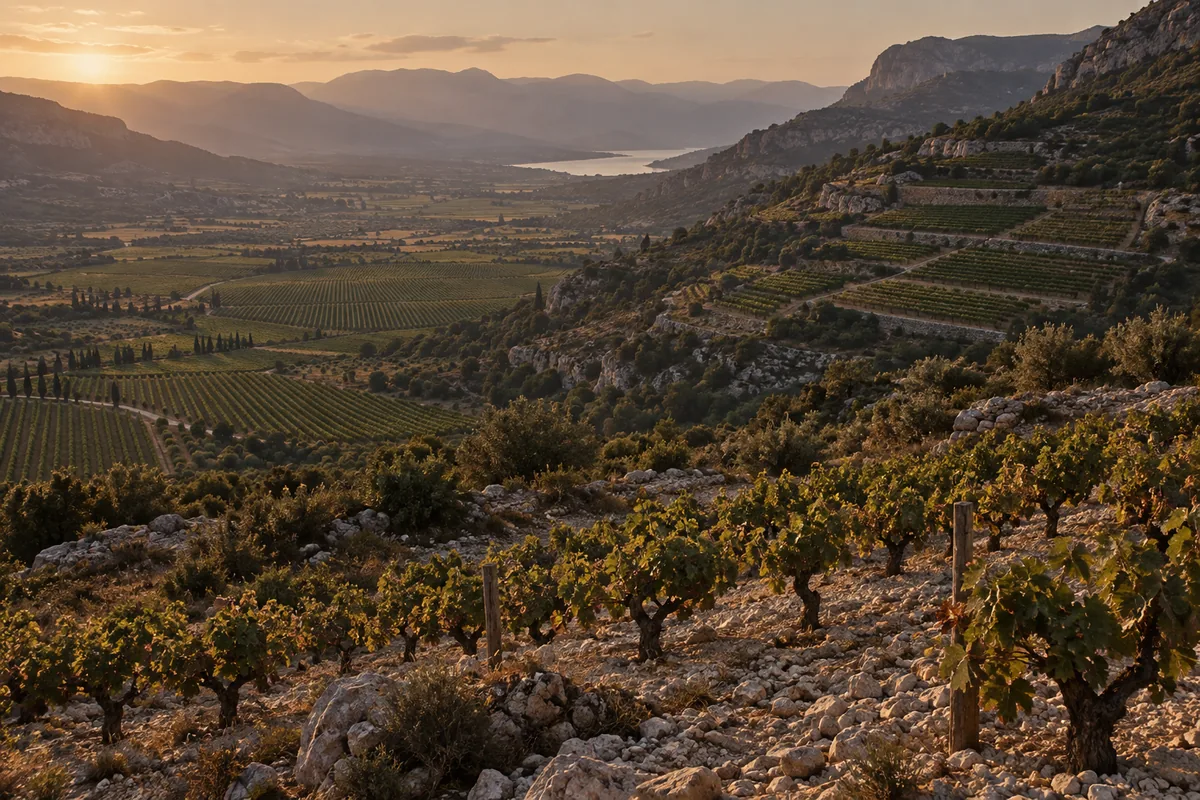 A wide view down the Nemea valley from high planted ground, showing vineyards on the valley floor, the mid slopes and the foreground ridge