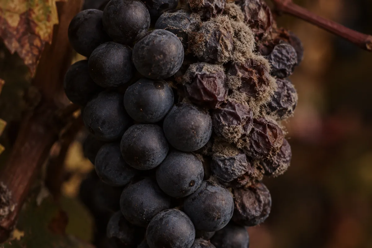 An Agiorgitiko bunch with grey fungal bloom and collapsed berries on one shoulder beside intact dark berries