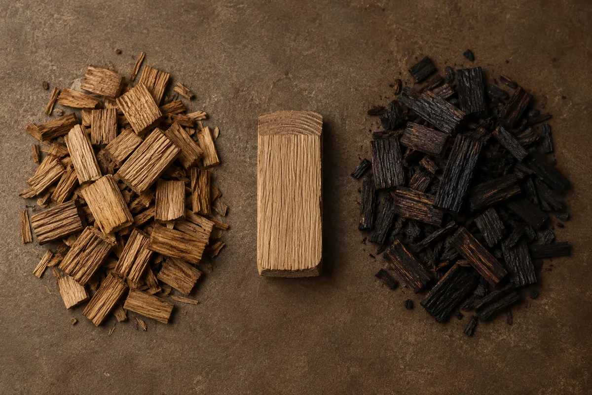 Two piles of oak chips at different toast levels either side of a cut stave end on a plain worktop