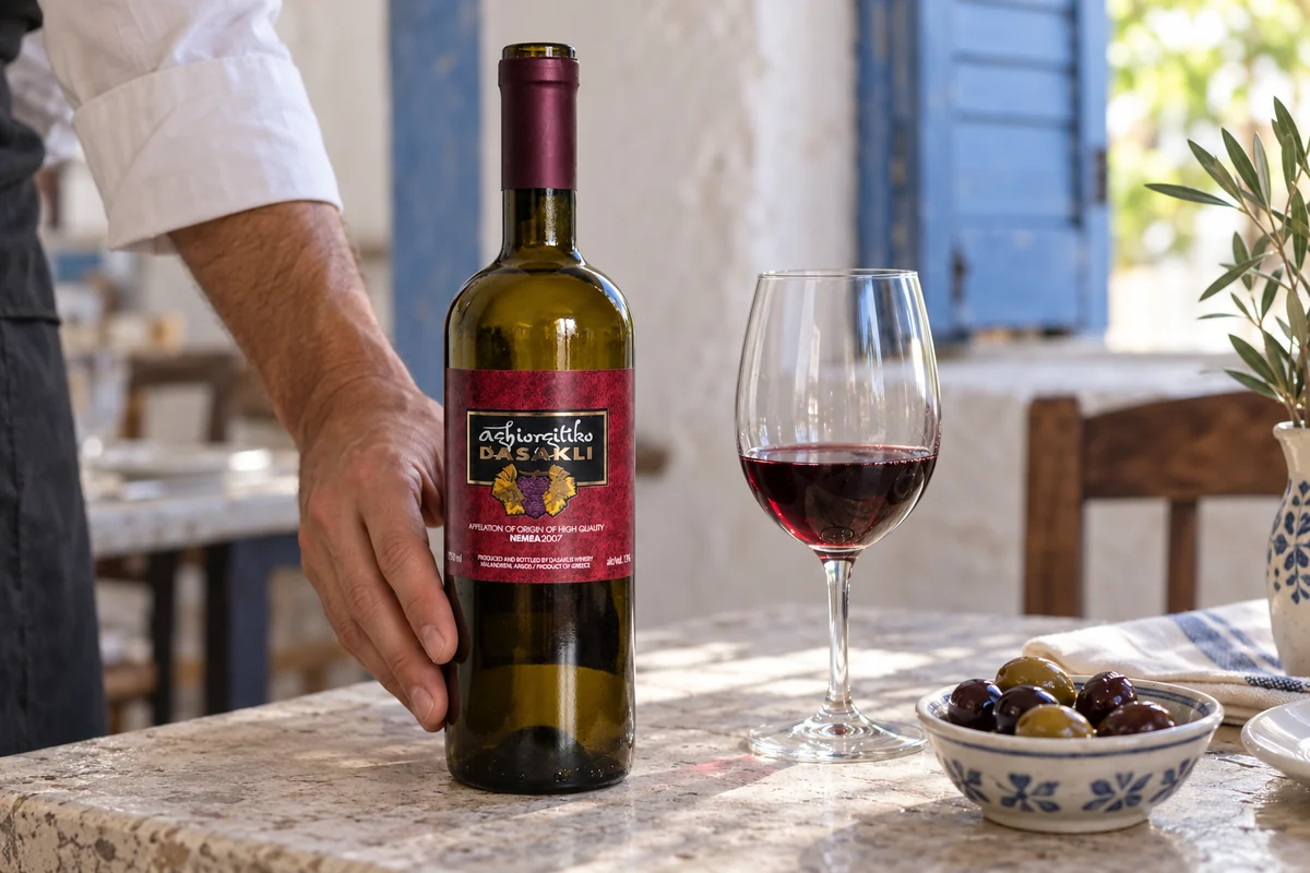 Dasakli Agiorgitiko Nemea wine bottle beside a measured red-wine serving in a Greek taverna