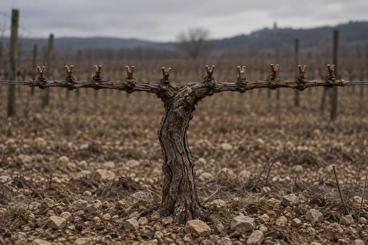 A dormant trellised Agiorgitiko vine cut back to short two-bud spurs along a horizontal cordon