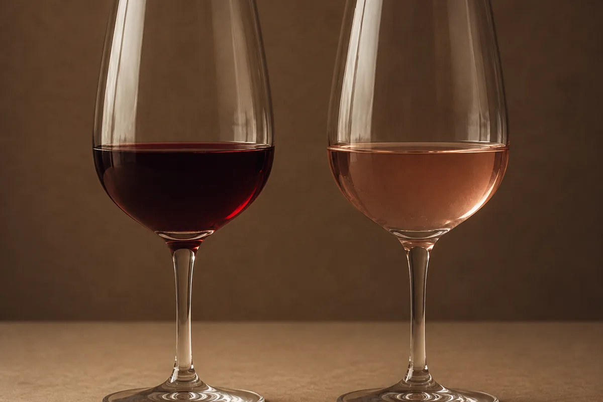A deep red pour and a pale pink pour side by side in matching glasses against a plain card