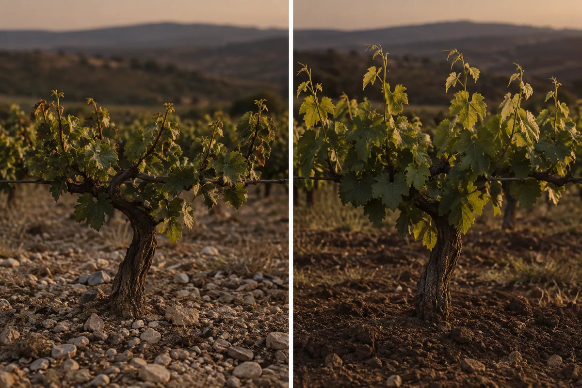 Two Agiorgitiko vines at the same growth stage, one with arrested shoot tips on dry thin soil and one still growing on deeper soil